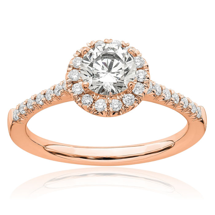 14K Solid Rose Pink Gold Lab Diamond Halo Round Engagement Ring