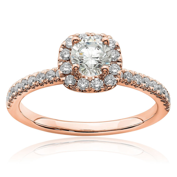 14K Solid Rose Pink Gold Lab Diamond Halo Round Engagement Ring