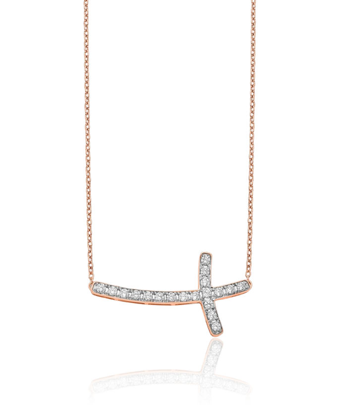 14K Solid Rose Pink Gold Diamond Sideways Holy Cross Necklace Chain