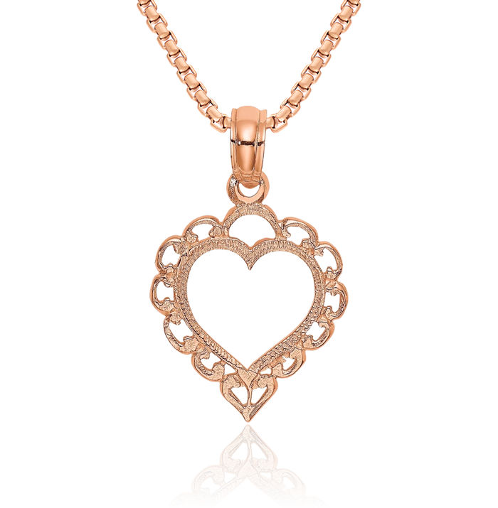 14K Solid Rose Pink Gold Lace Heart Necklace Love Pendant Charm