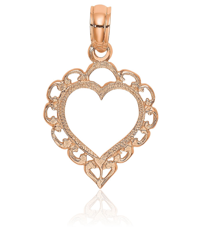 14K Solid Rose Pink Gold Lace Heart Necklace Love Pendant Charm