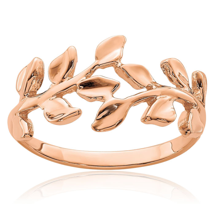 14K Solid Rose Pink Gold Leaf Flower Ring