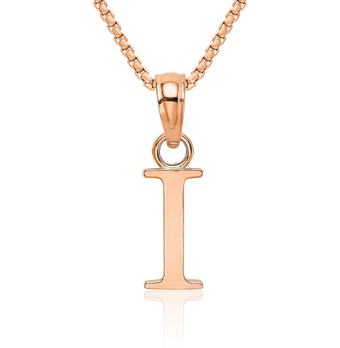 14K Solid Rose Pink Gold Dainty Letter I Initial Name Monogram Necklace Chain Pendant Charm