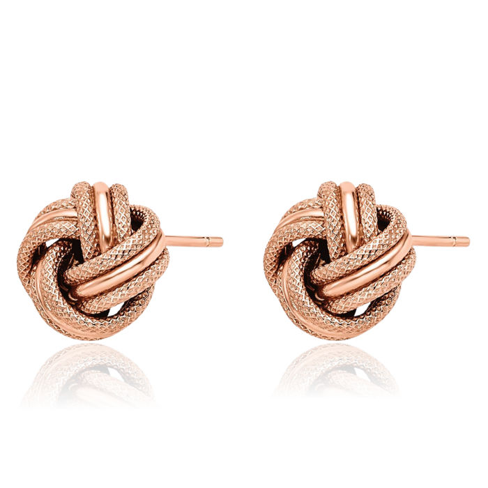 14K Solid Rose Pink Gold Twisted Love Knot Symbol Stud Earrings