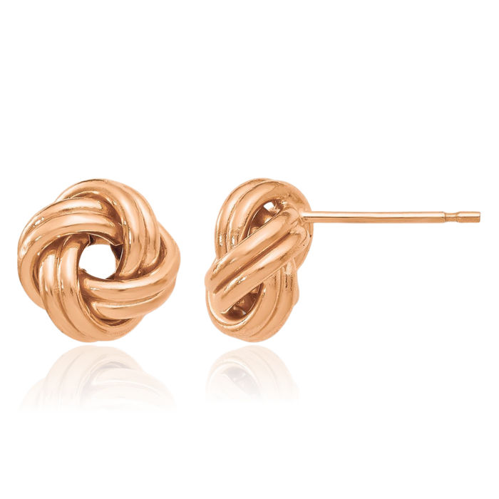 14K Solid Rose Pink Gold Twisted Love Knot Symbol Stud Earrings