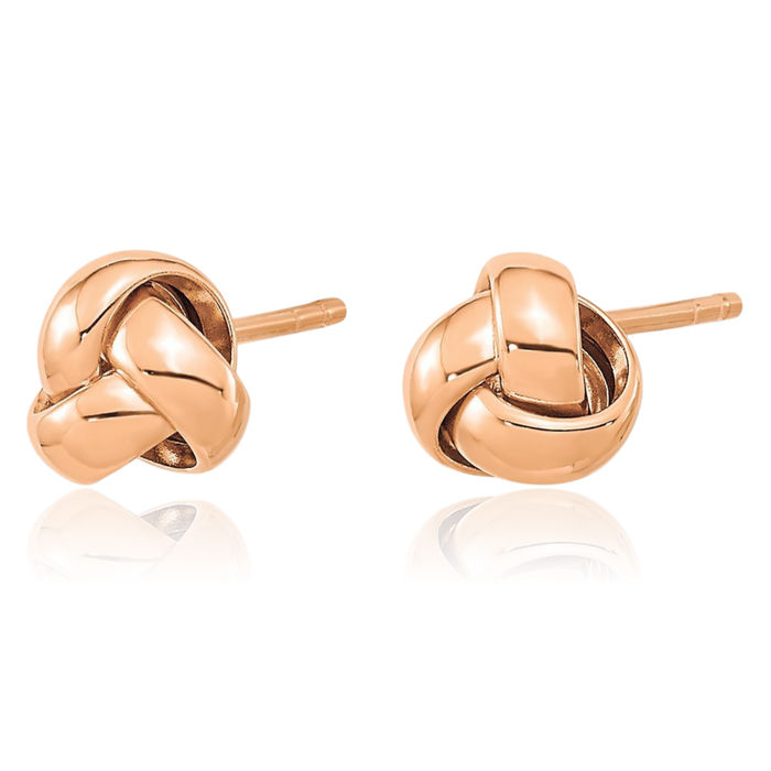 14K Solid Rose Pink Gold Twisted Love Knot Symbol Stud Earrings