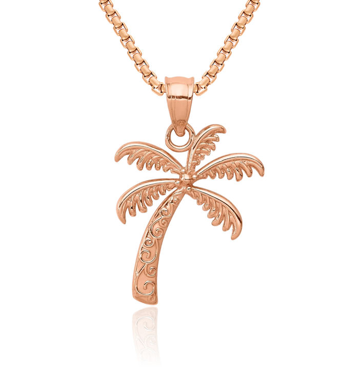 14K Solid Rose Pink Gold Palm Tree Necklace Summer Beach Pendant Tropical Charm