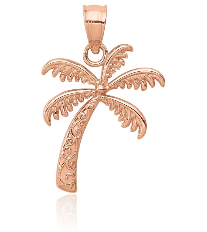 14K Solid Rose Pink Gold Palm Tree Necklace Summer Beach Pendant Tropical Charm