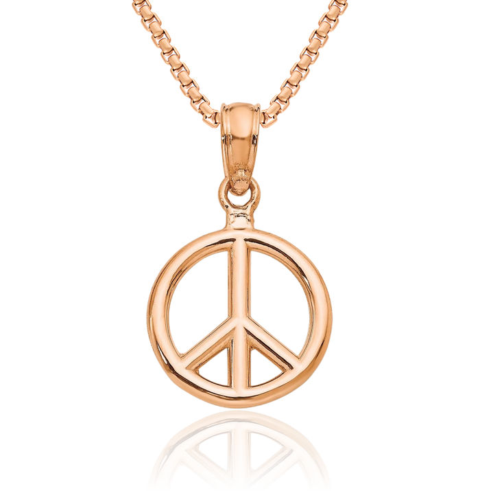 14K Solid Rose Pink Gold Peace Sign Inspirational Symbol Necklace Chain Pendant Charm