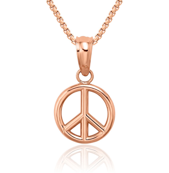 14K Solid Rose Pink Gold Peace Sign Inspirational Symbol Necklace Chain Pendant Charm