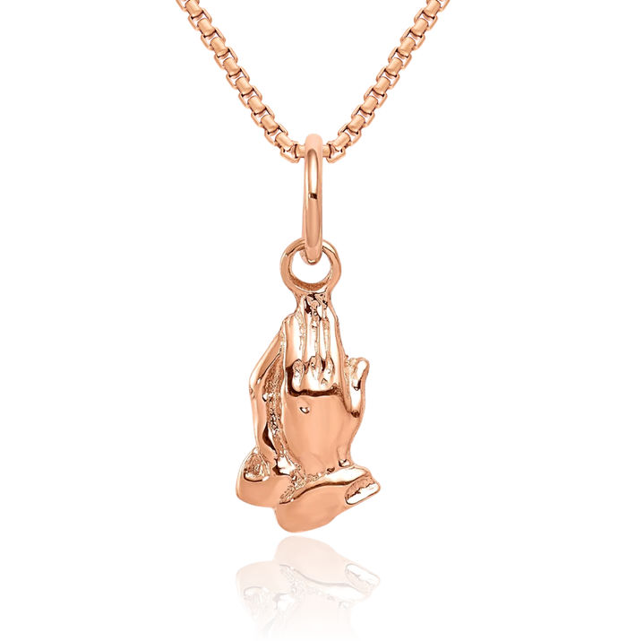 14K Solid Rose Pink Gold Jesus Christ Praying Hands Lord Serenity Prayer Necklace Religious Chain Pendant Christian Faith Charm