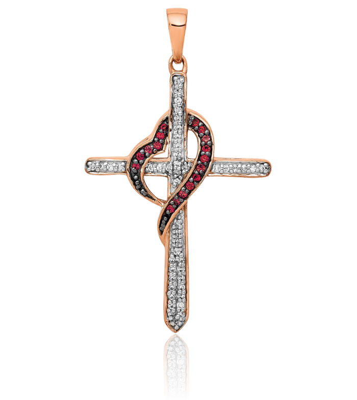 14K Solid Rose Pink Gold Red White Diamond Holy Cross Heart Necklace Religious Chain Pendant Jesus Christ Charm