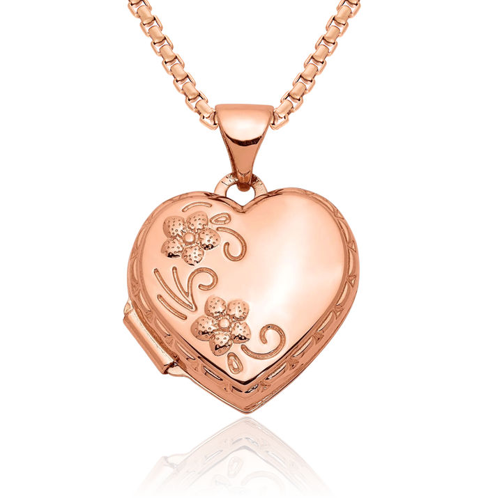 14K Solid Rose Pink Gold Reversible Heart Personalized Photo Locket Necklace Picture Pendant Charm
