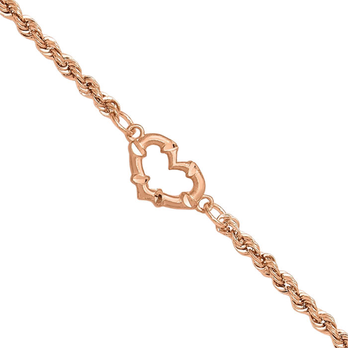 14K Solid Rose Pink Gold Diamod Cut Rope Chain Heart Anklet Summer Beach Foot Ankle Bracelet