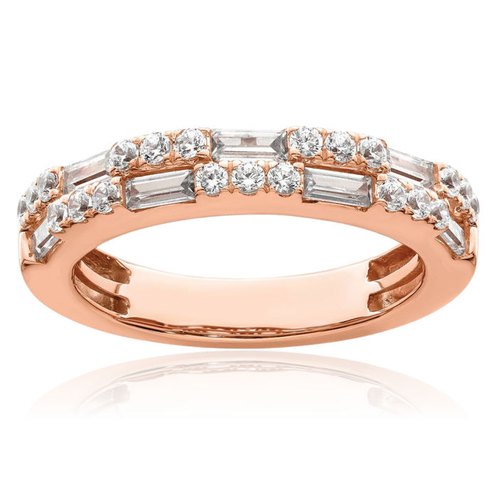 14K Solid Rose Pink Gold Round Baguette Diamond Anniversary Ring Eternity Wedding Band Bridal Jewelry