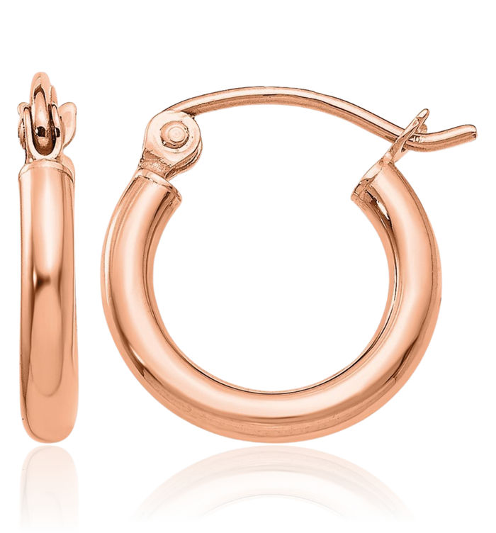 14K Solid Rose Pink Gold Tube Round Huggie Small Hoop Earrings