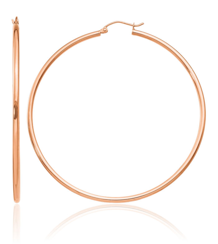 14K Solid Rose Pink Gold Tube Round Large Hoop Earrings