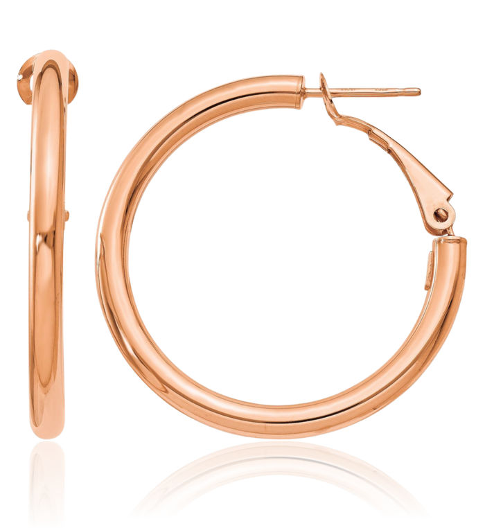 14K Solid Rose Pink Gold Round Omega Clip Back Post Medium Hoop Earrings