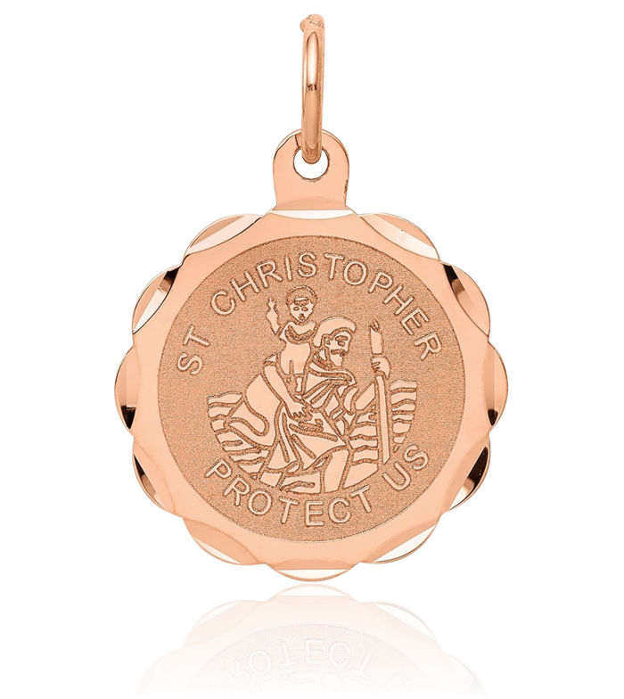 14K Solid Rose Pink Gold Saint Christopher Medal Patron of Travelers Athletes Protection Necklace Christian Religious Chain Pendant Faith Charm