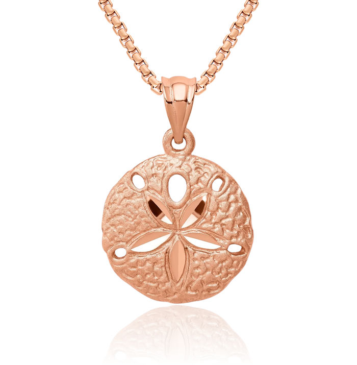 14K Solid Rose Pink Gold Sand Dollar Sea Star Starfish Necklace Chain Pendant Charm