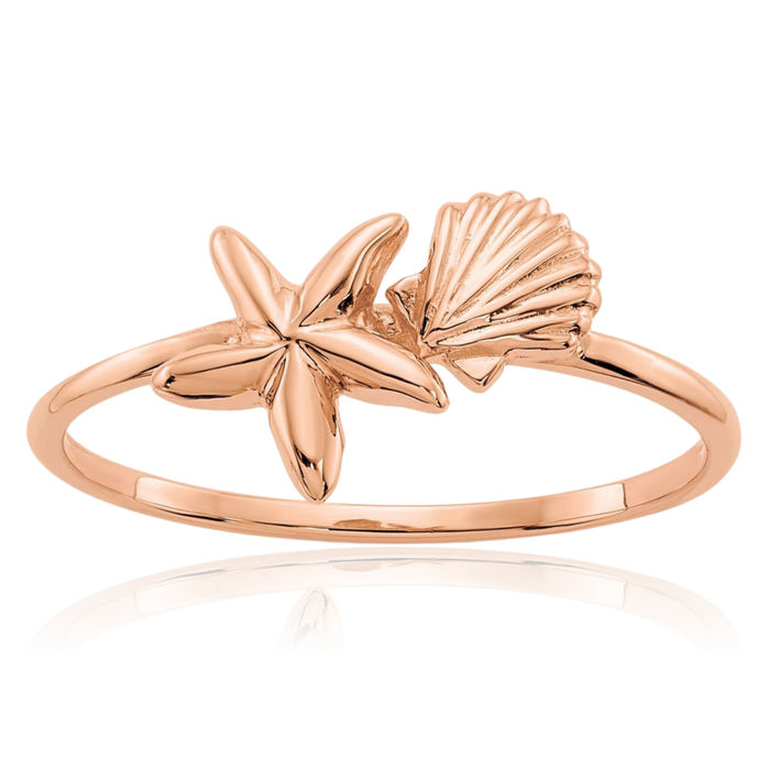 14K Solid Rose Pink Gold Shell Starfish Ring