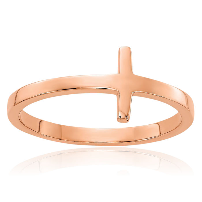 14K Solid Rose Pink Gold Sideways Holy Cross Ring Christian Religious Band