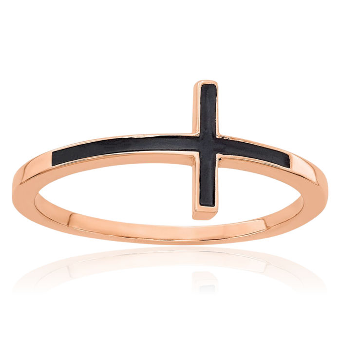 14K Solid Rose Pink Gold Sideways Holy Cross Ring Christian Religious Band