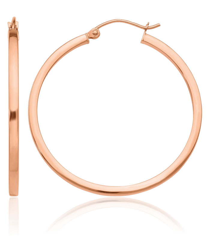 14K Solid Rose Pink Gold Square Tube Round Medium Hoop Earrings