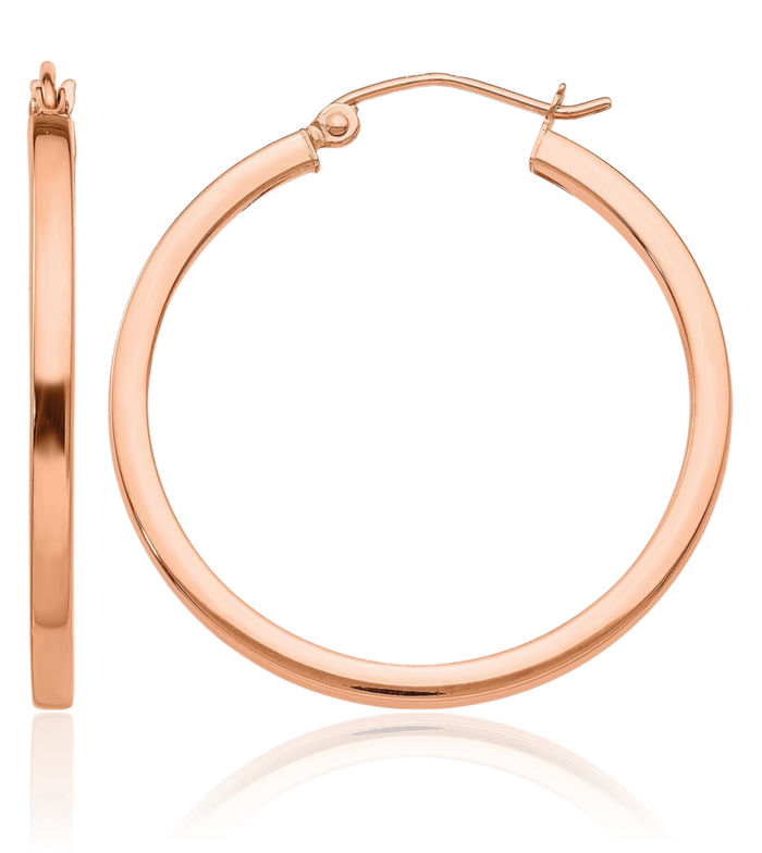 14K Solid Rose Pink Gold Square Tube Round Medium Hoop Earrings