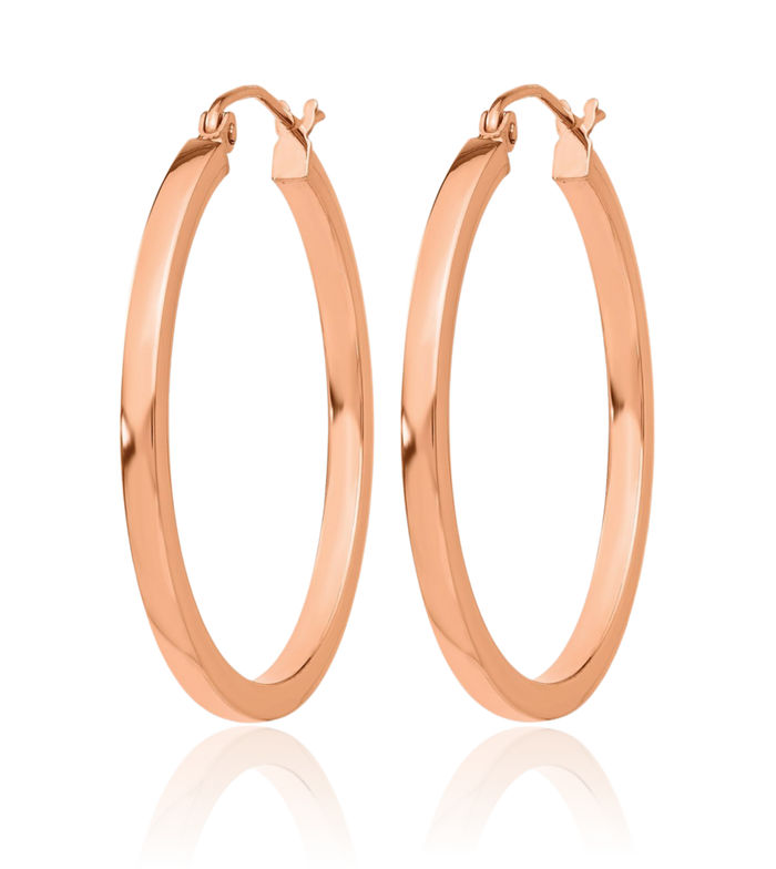 14K Solid Rose Pink Gold Square Tube Round Medium Hoop Earrings