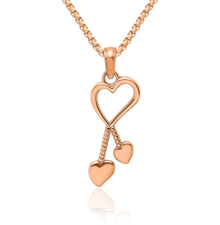 14K Solid Rose Pink Gold Tassle Heart Necklace Love Pendant Charm