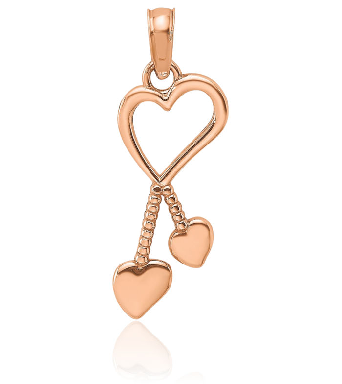 14K Solid Rose Pink Gold Tassle Heart Necklace Love Pendant Charm