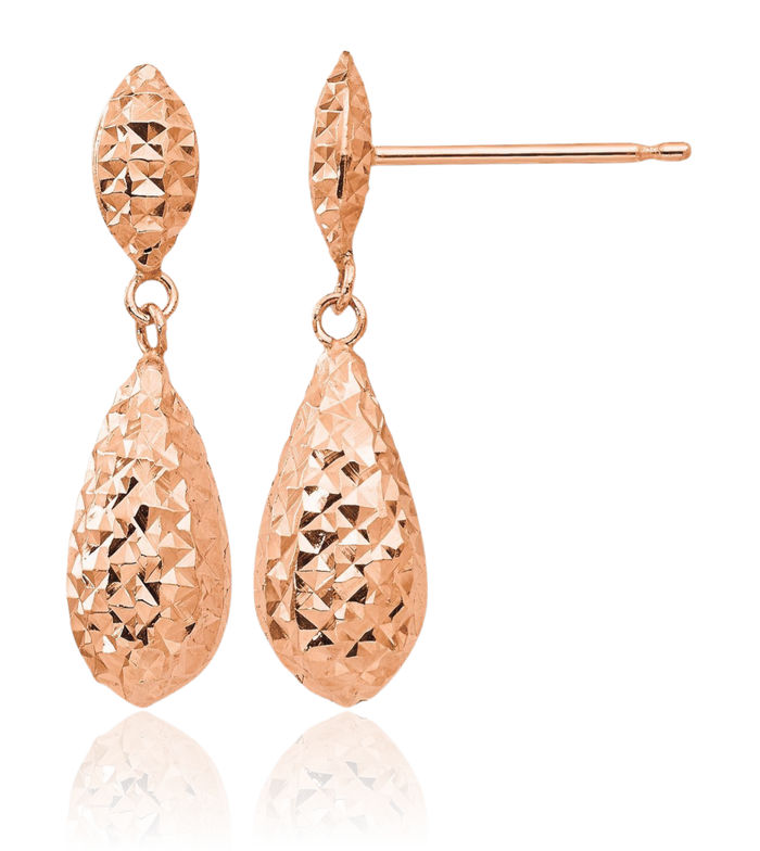 14K Solid Rose Pink Gold Teardrop Drop Dangle Earrings