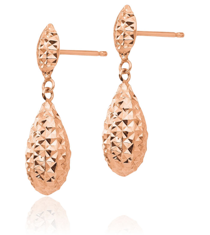 14K Solid Rose Pink Gold Teardrop Drop Dangle Earrings