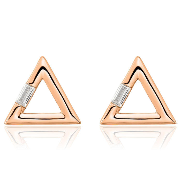 14K Solid Rose Pink Gold Triangle Diamond Stud Earrings