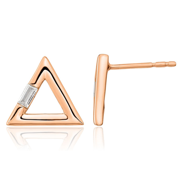 14K Solid Rose Pink Gold Triangle Diamond Stud Earrings