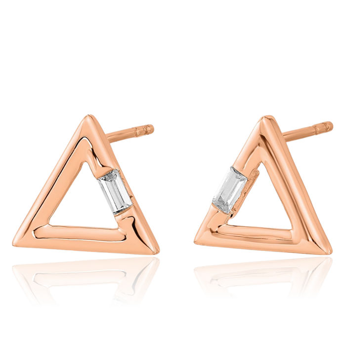 14K Solid Rose Pink Gold Triangle Diamond Stud Earrings