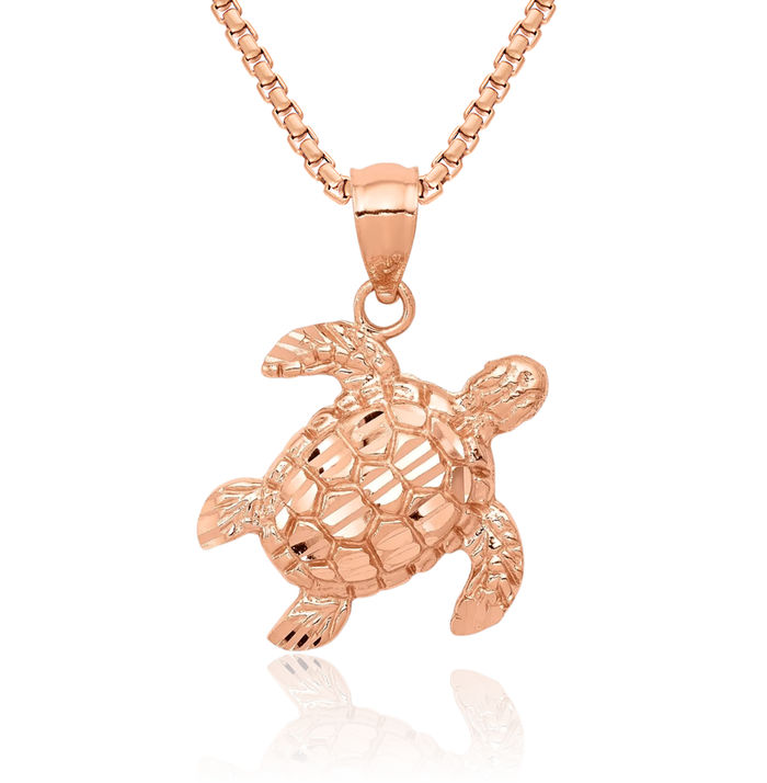 14K Solid Rose Pink Gold Sea Turtle Necklace Chain Pendant Charm