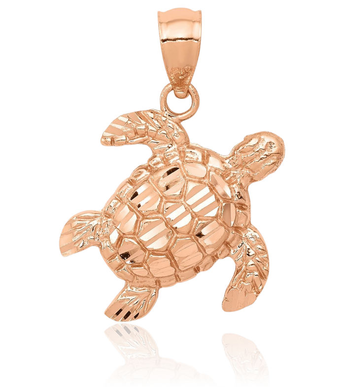 14K Solid Rose Pink Gold Sea Turtle Necklace Chain Pendant Charm