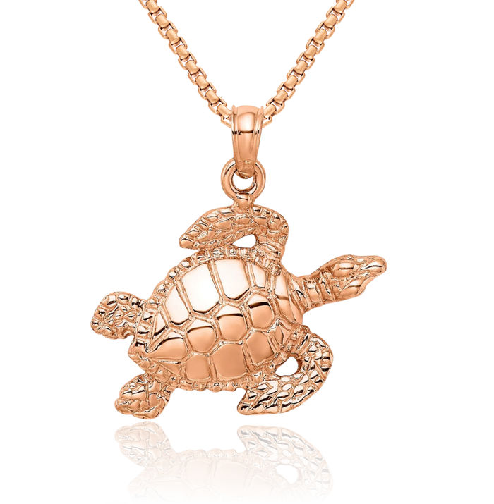 14K Solid Rose Pink Gold Sea Turtle Necklace Chain Pendant Charm