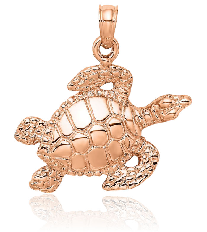 14K Solid Rose Pink Gold Sea Turtle Necklace Chain Pendant Charm