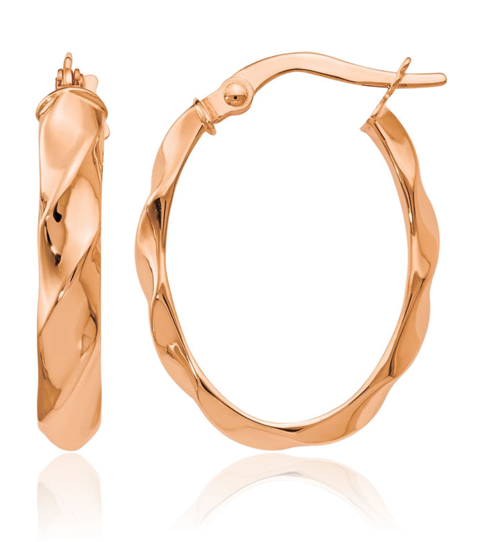 14K Solid Rose Pink Gold Twisted Oval Medium Hoop Earrings