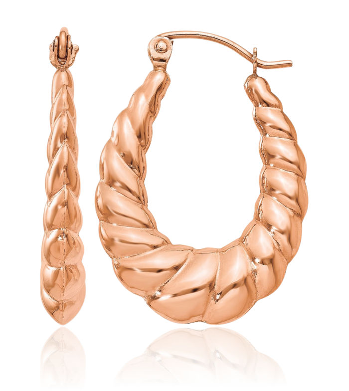 14K Solid Rose Pink Gold Twisted Oval Medium Hoop Earrings