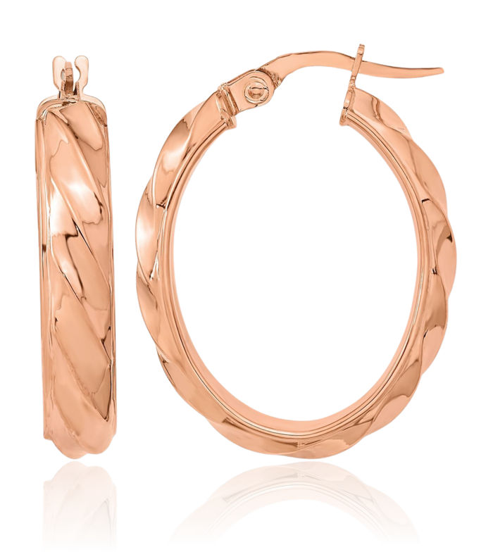 14K Solid Rose Pink Gold Twisted Oval Medium Hoop Earrings