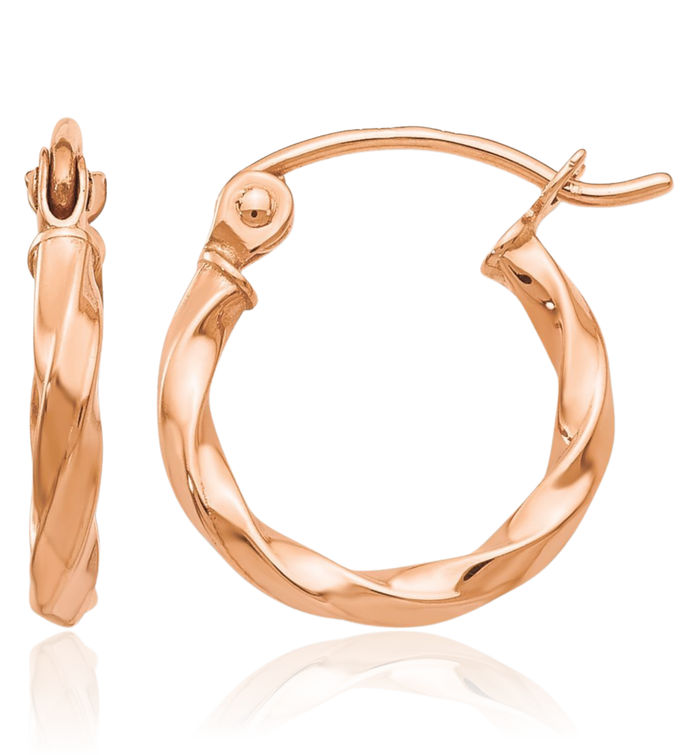 14K Solid Rose Pink Gold Twisted Round Huggie Small Hoop Earrings