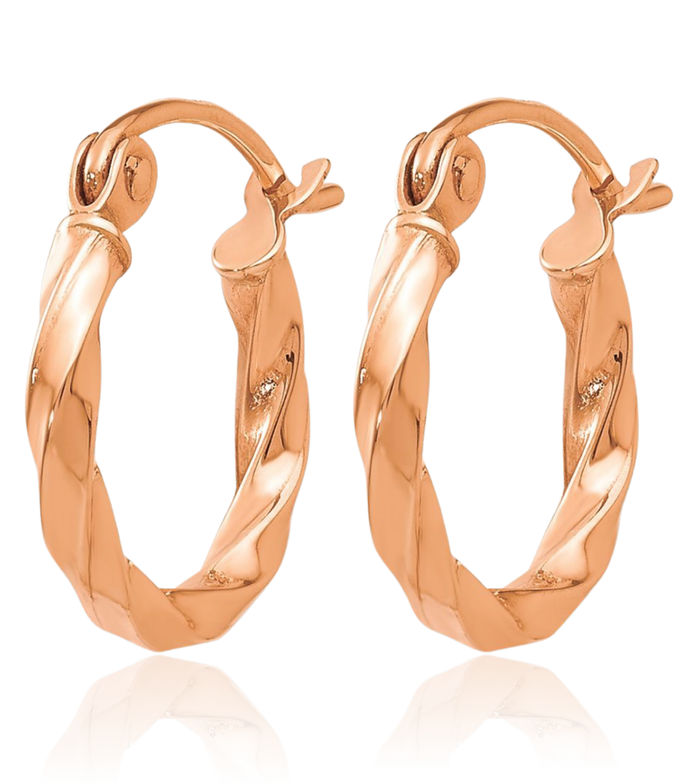 14K Solid Rose Pink Gold Twisted Round Huggie Small Hoop Earrings