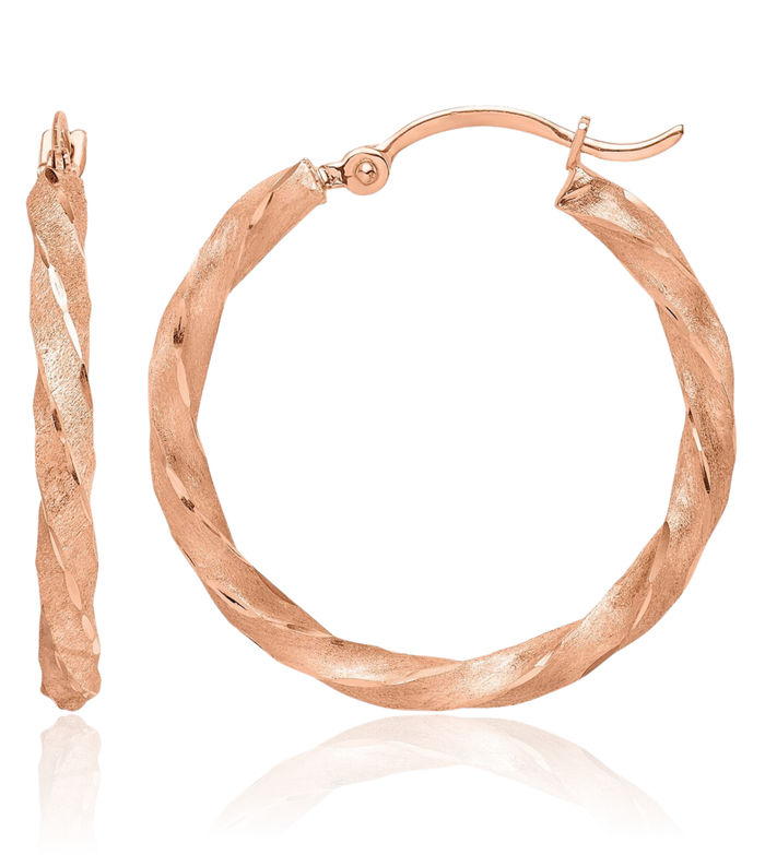 14K Solid Rose Pink Gold Twisted Round Medium Hoop Earrings