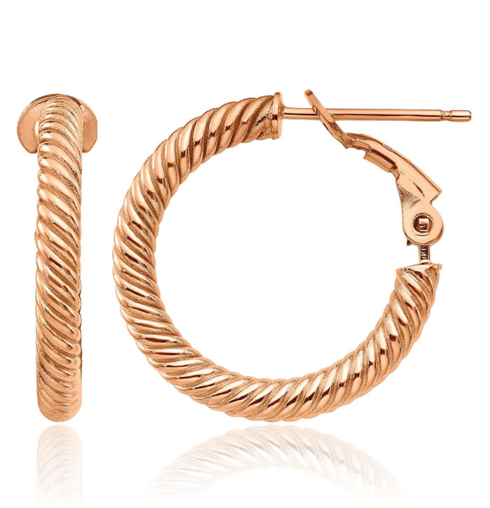 14K Solid Rose Pink Gold Twisted Round Medium Hoop Earrings