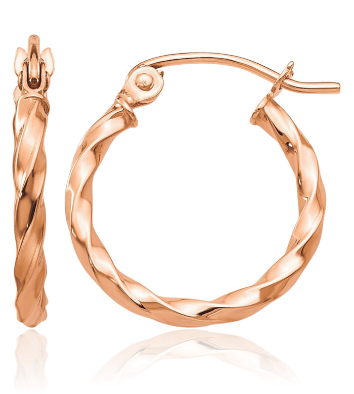 14K Solid Rose Pink Gold Twisted Round Small Hoop Earrings