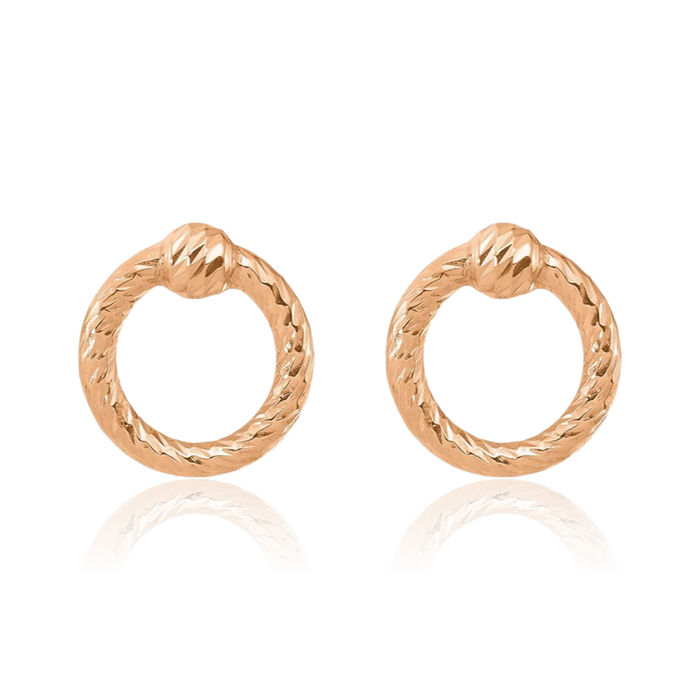 14K Solid Rose Pink Gold Twisted Circle Round Stud Earrings